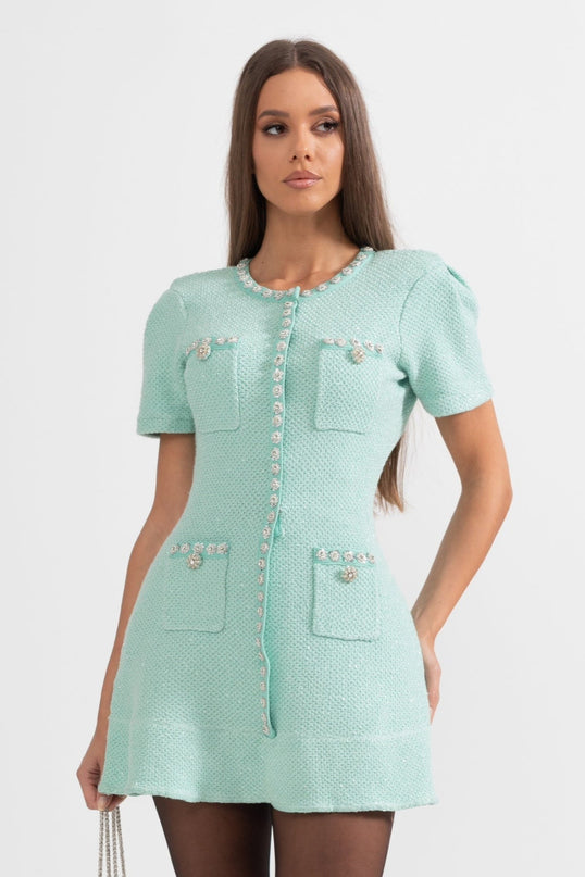Green Textured Fabric Flared Skirt Dress with Decorative Buttons and Pockets
