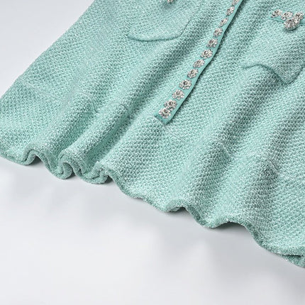 Green Textured Fabric Flared Skirt Dress with Decorative Buttons and Pockets
