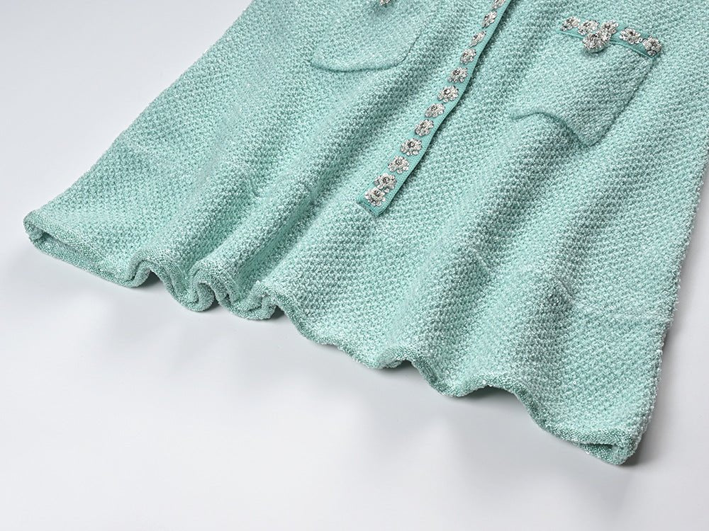Green Textured Fabric Flared Skirt Dress with Decorative Buttons and Pockets