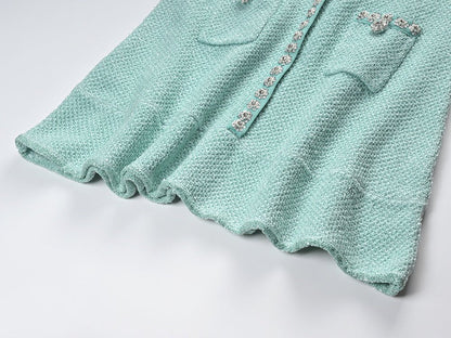 Green Textured Fabric Flared Skirt Dress with Decorative Buttons and Pockets