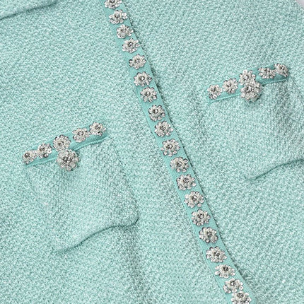 Green Textured Fabric Flared Skirt Dress with Decorative Buttons and Pockets