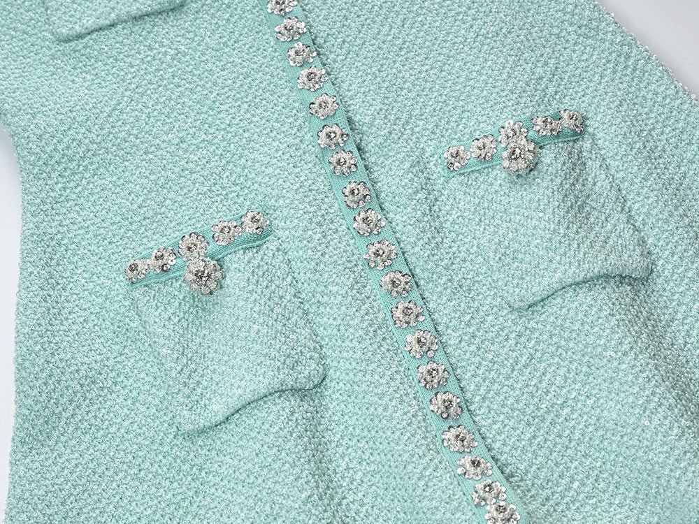 Green Textured Fabric Flared Skirt Dress with Decorative Buttons and Pockets