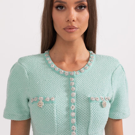 Green Textured Fabric Flared Skirt Dress with Decorative Buttons and Pockets