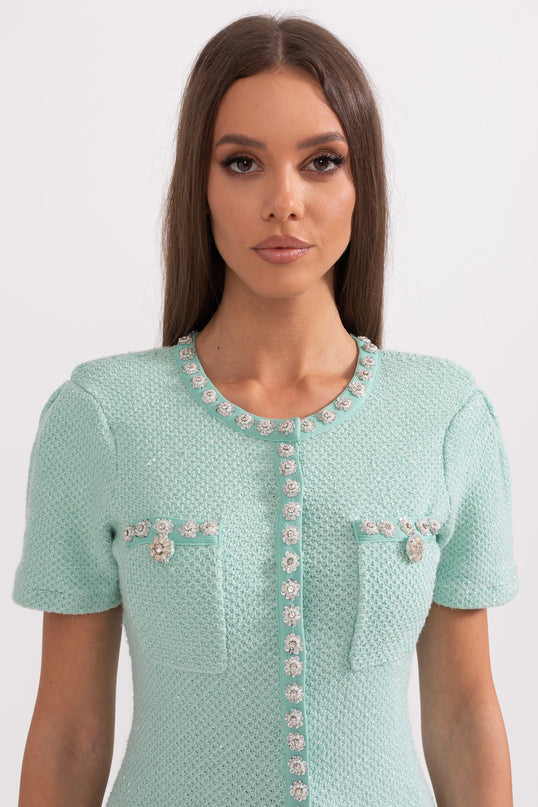 Green Textured Fabric Flared Skirt Dress with Decorative Buttons and Pockets
