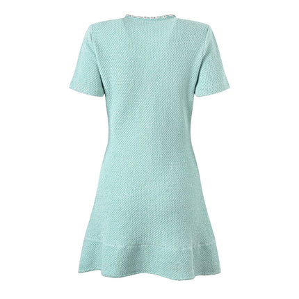 Green Textured Fabric Flared Skirt Dress with Decorative Buttons and Pockets