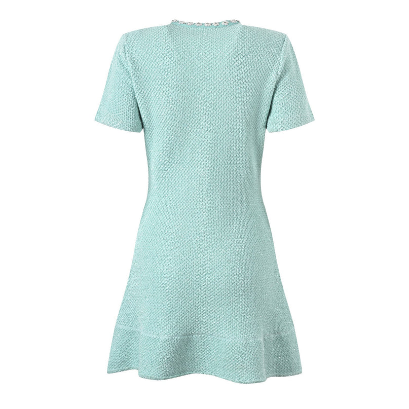 Green Textured Fabric Flared Skirt Dress with Decorative Buttons and Pockets