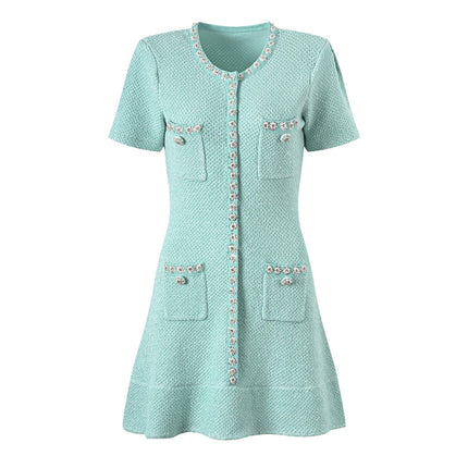 Green Textured Mint Dress with Decorative Buttons and Pockets