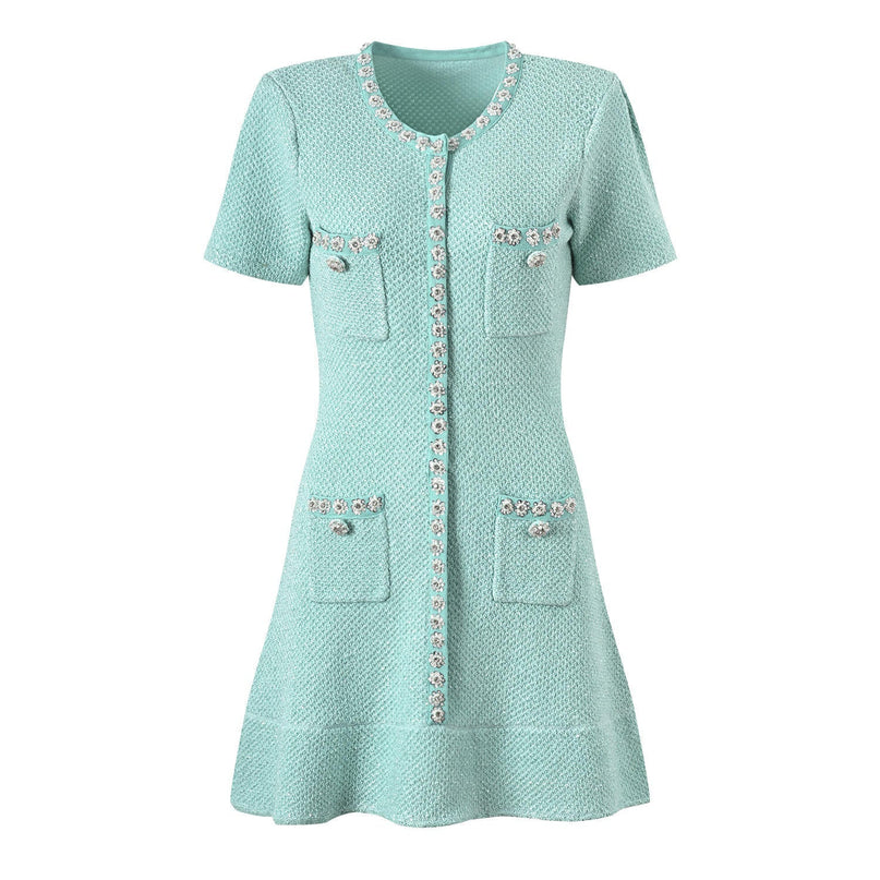 Green Textured Mint Dress with Decorative Buttons and Pockets