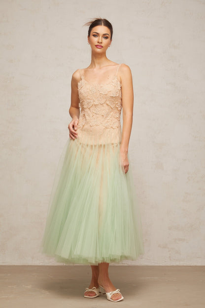Green tulle midi dress with lace panels named Zoeline