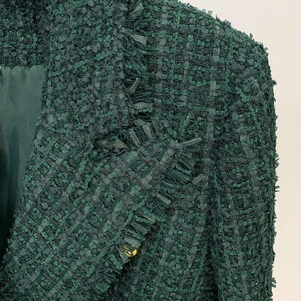 Green tailored double-breasted tweed blazer with gold button details