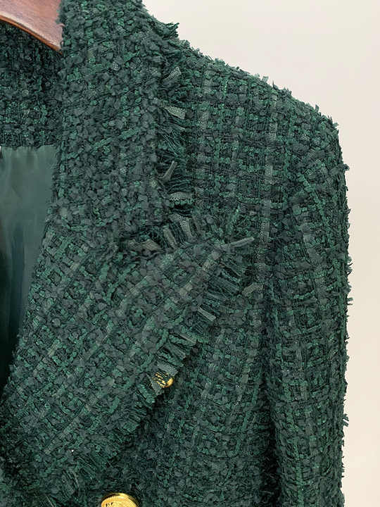 Green tailored double-breasted tweed blazer with gold button details