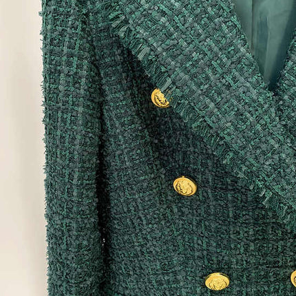 Green tweed double-breasted blazer with gold buttons