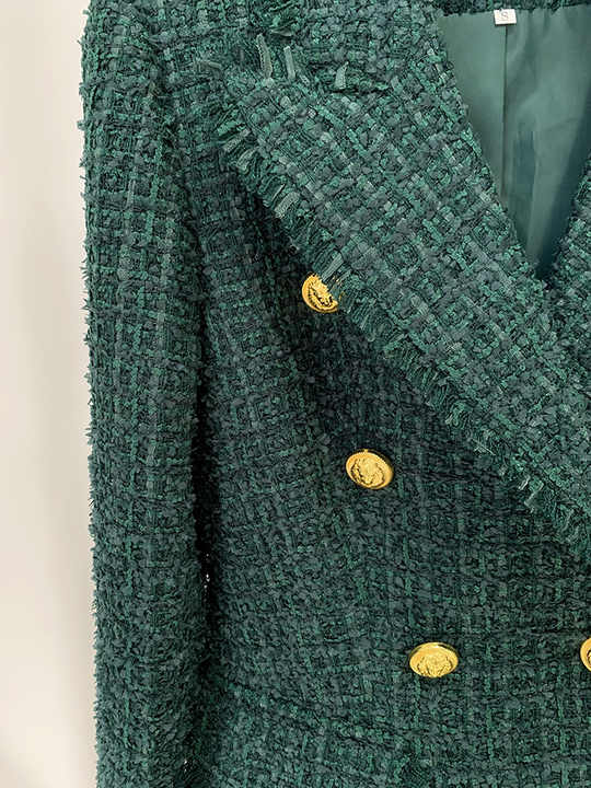 Green tweed double-breasted blazer with gold buttons