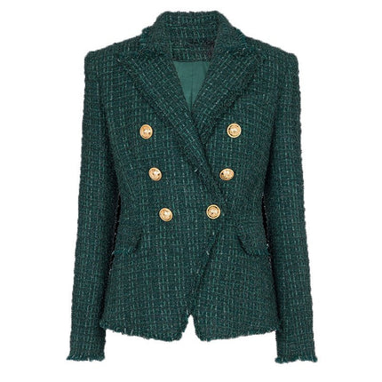Green tweed double-breasted blazer with gold button details