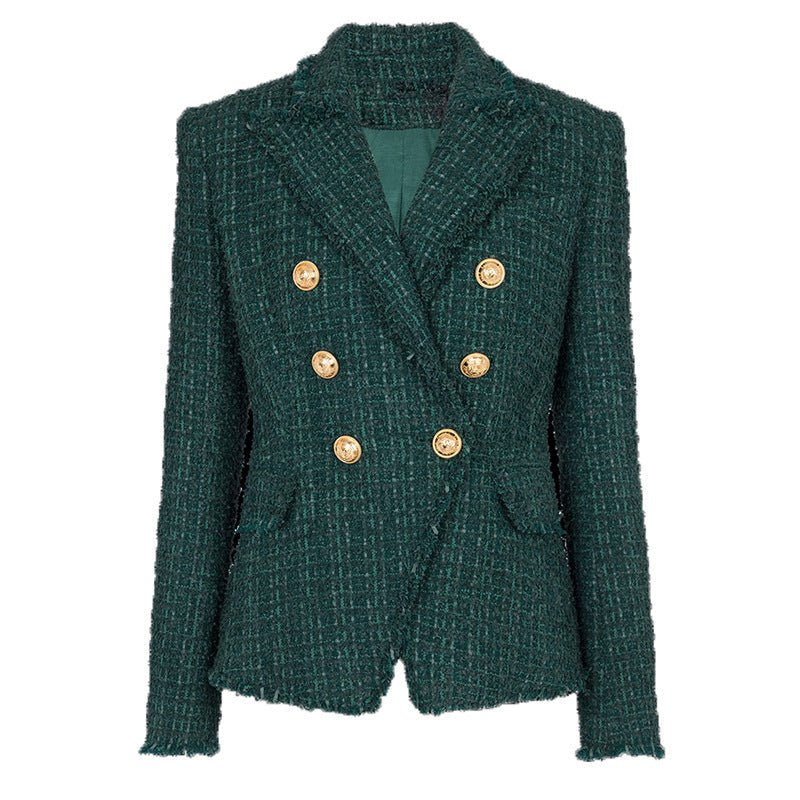 Green tweed double-breasted blazer with gold button details