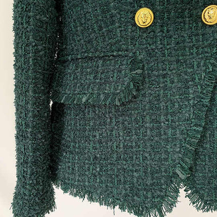 Green tweed double-breasted blazer with gold button details