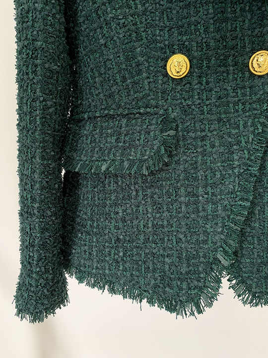 Green tweed double-breasted blazer with gold button details