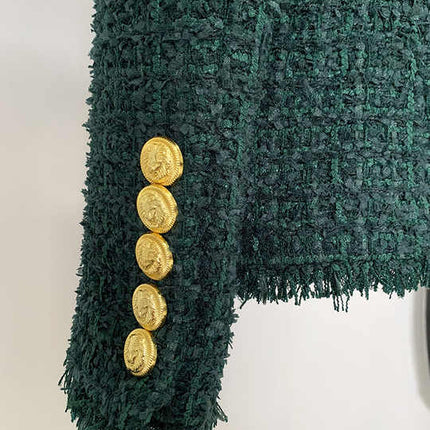 Green tweed double-breasted blazer with gold button details