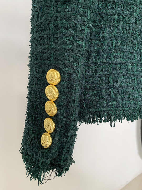 Green tweed double-breasted blazer with gold button details
