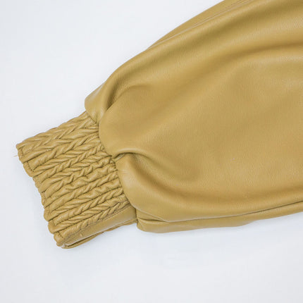 Jane wearing premium green zipper faux leather bomber jacket