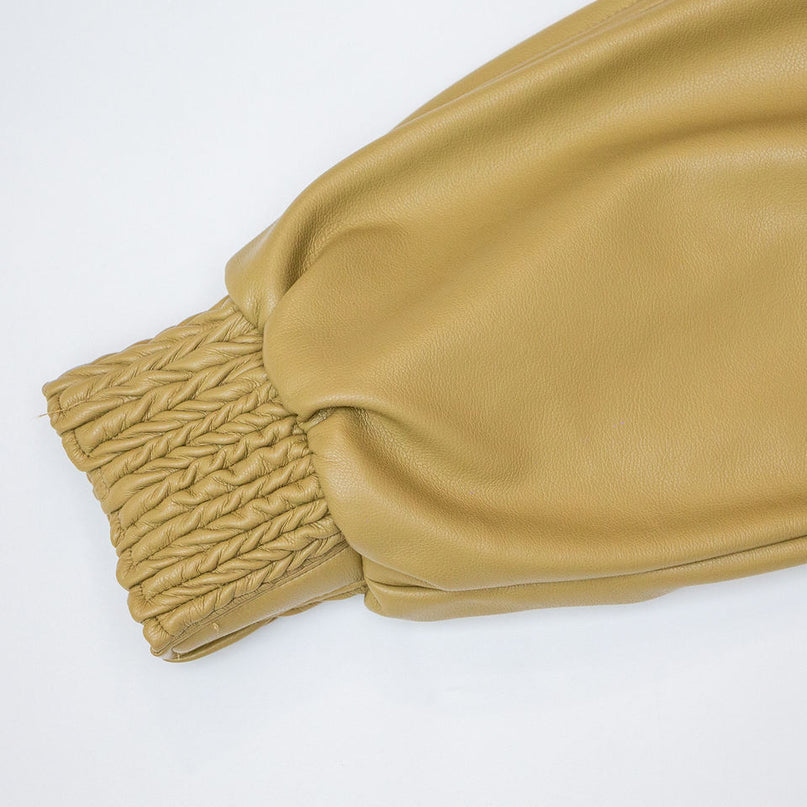 Jane wearing premium green zipper faux leather bomber jacket