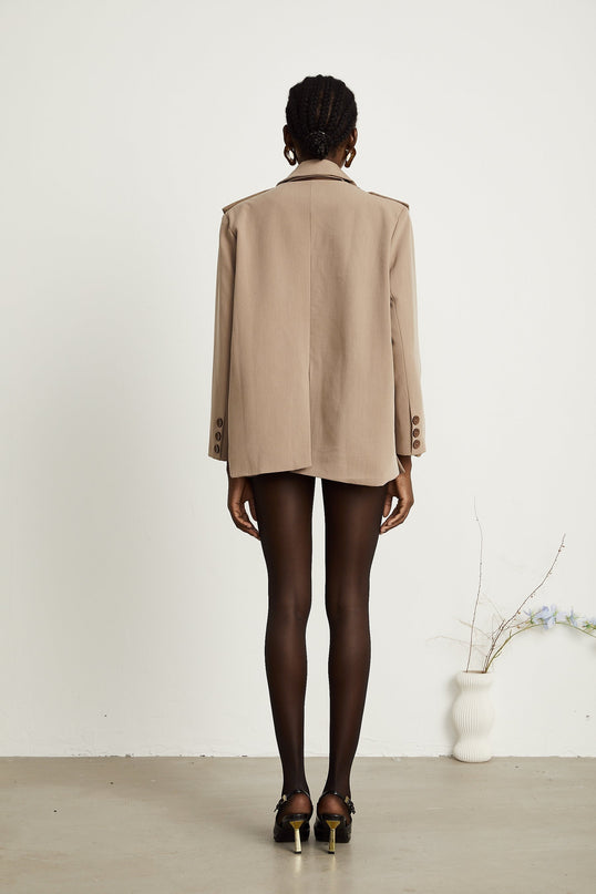 Greta Brown Blazer Notched Lapels Buttoned Cuffs Flap Pockets Detachable Panel Front Button Fastening Separate Collar Rear