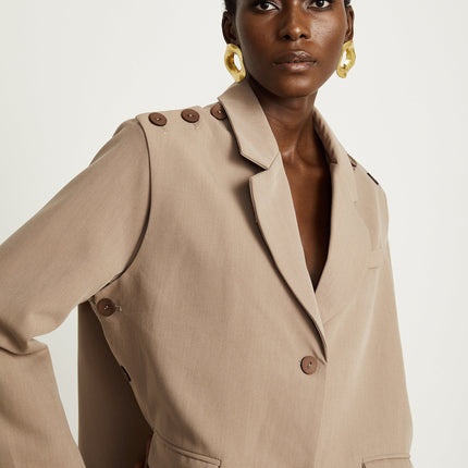 Greta Brown Blazer Terylene Cotton Notched Lapels Buttoned Cuffs Detachable Panel Flap Pockets Front Button Fastening Separate Collar