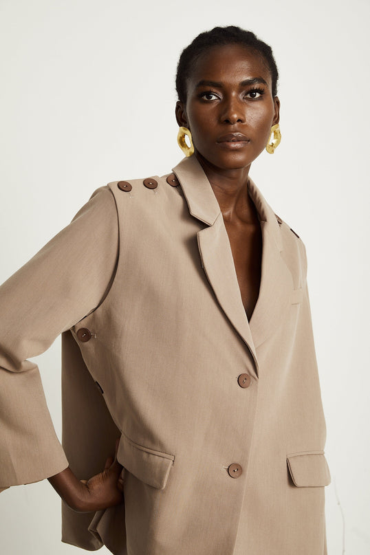 Greta Brown Blazer Terylene Cotton Notched Lapels Buttoned Cuffs Detachable Panel Flap Pockets Front Button Fastening Separate Collar