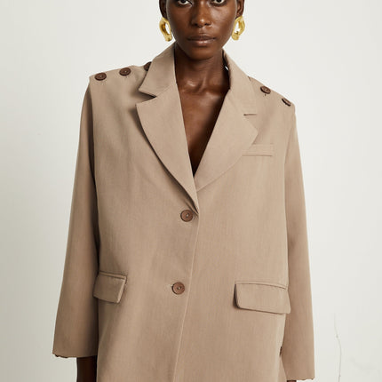 Greta Brown Blazer Notched Lapels Buttoned Cuffs Detachable Panel Flap Pockets Front Button Fastening Separate Collar