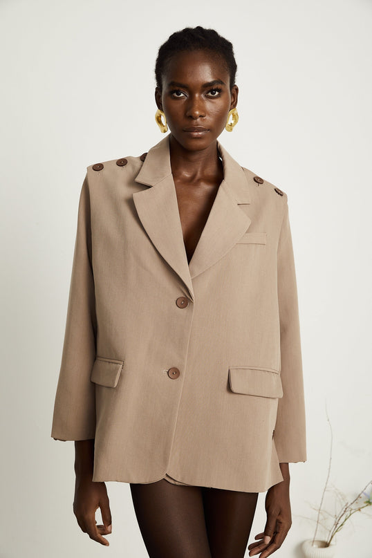 Greta Brown Blazer Notched Lapels Buttoned Cuffs Detachable Panel Flap Pockets Front Button Fastening Separate Collar