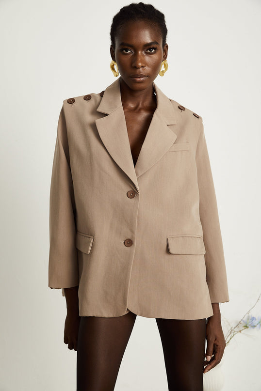 Greta Brown Blazer with Notched Lapels and Detachable Panel