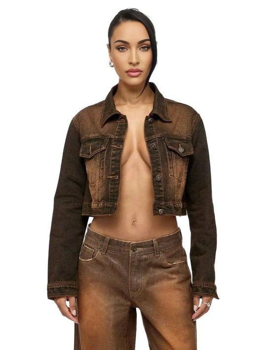 Greta Cropped Denim Jacket Fashionable Design in Rust Brown - XS