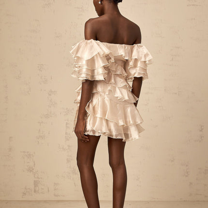 Greta Mini Dress With Floral Appliqué in Neutrals