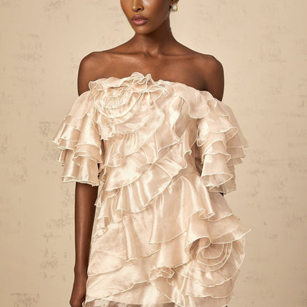Greta Mini Dress With Floral Appliqué in Neutrals