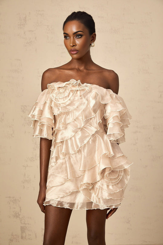 Greta Mini Dress With Floral Appliqué in Neutrals