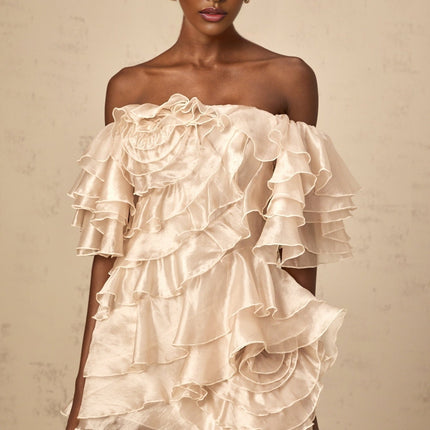 Greta Mini Dress With Floral Appliqué in Neutrals