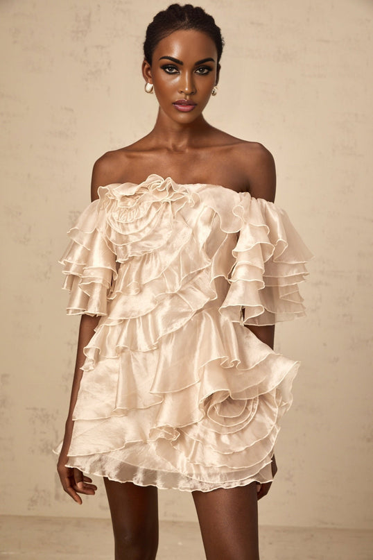 Greta Mini Dress With Floral Appliqué in Neutrals