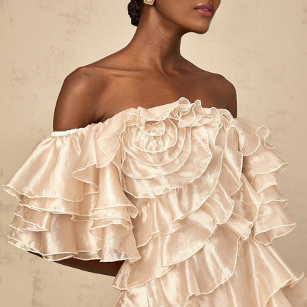 Greta Mini Dress With Floral Appliqué in Neutrals