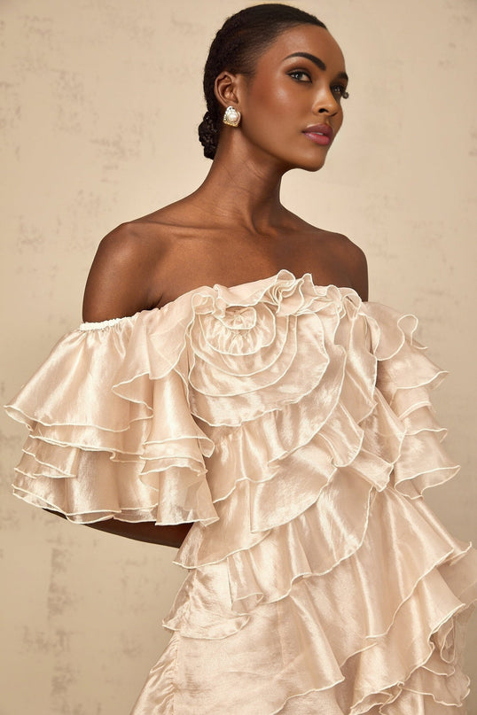 Greta Mini Dress With Floral Appliqué in Neutrals