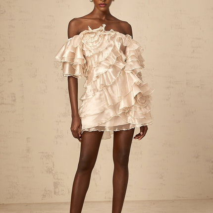 Greta Mini Dress With Floral Appliqué in Neutrals