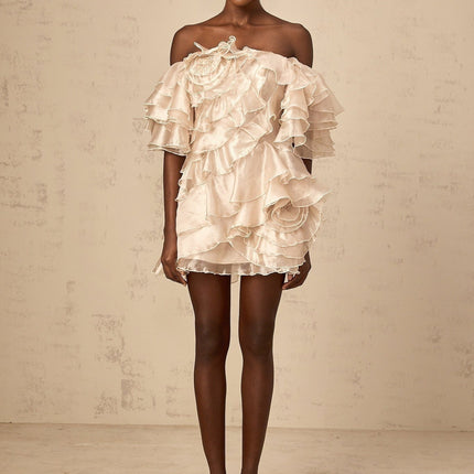 Greta Mini Dress With Floral Appliqué in Neutrals