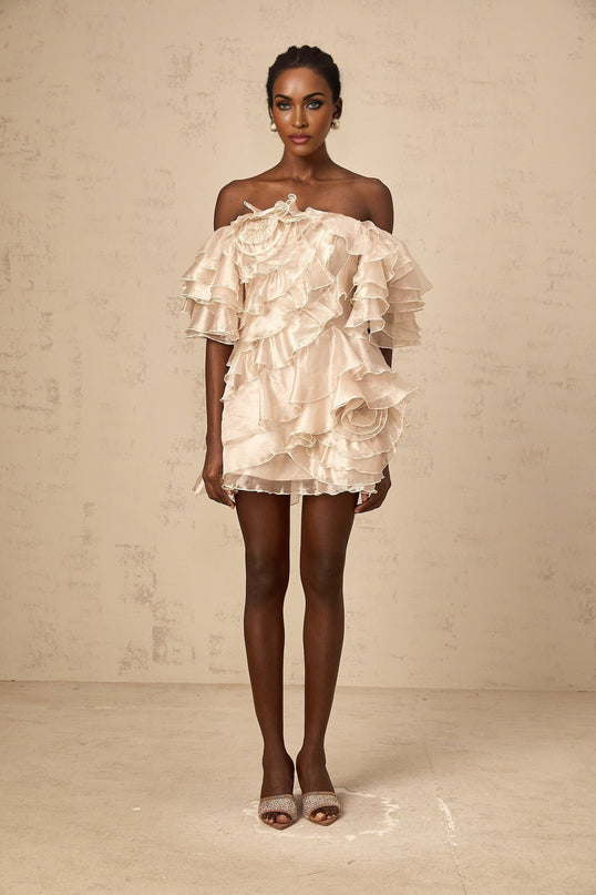 Greta Mini Dress With Floral Appliqué in Neutrals