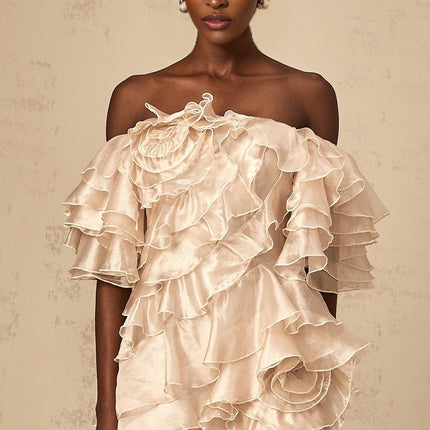 Greta Mini Dress With Floral Appliqué Neutrals Elegant Flutter Sleeves Tulle Layered