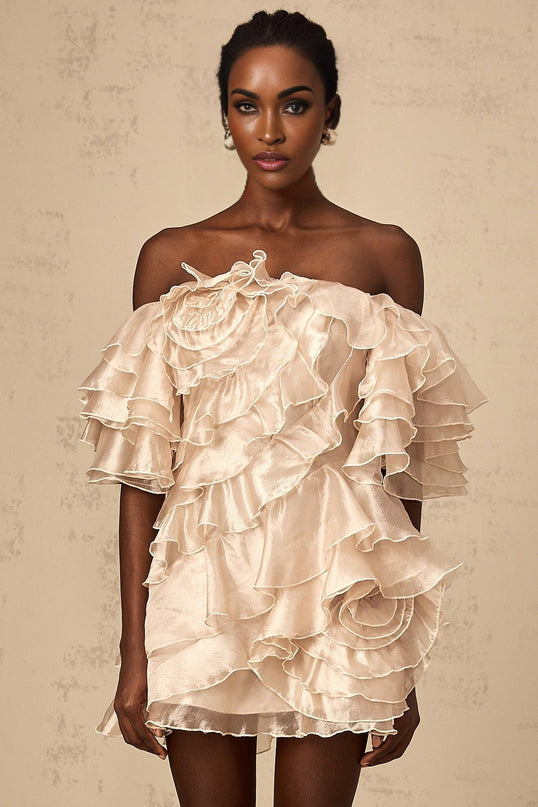 Greta Mini Dress With Floral Appliqué Neutrals Elegant Flutter Sleeves Tulle Layered