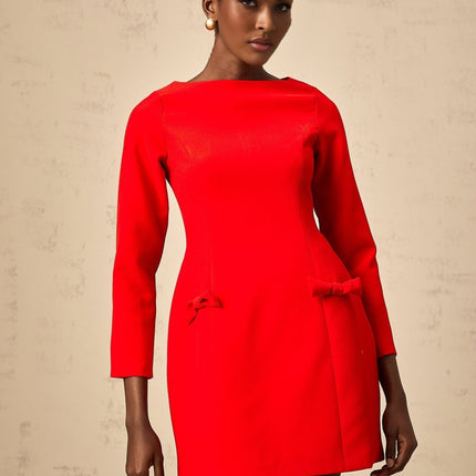 Greta Red Long Sleeve Mini Dress with Bowknot Detailing