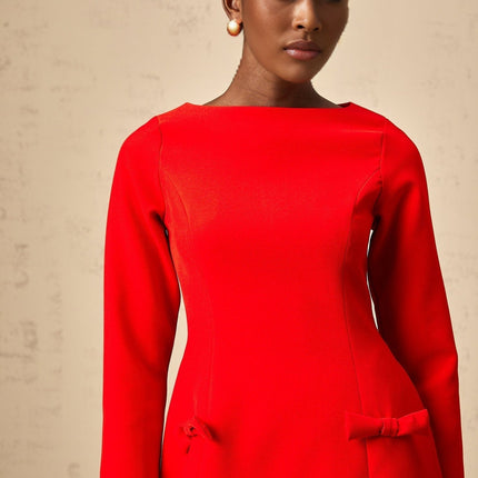Greta Red Long Sleeve Mini Dress with Bowknot Detailing