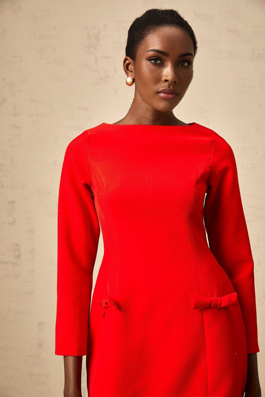 Greta Red Long Sleeve Mini Dress with Bowknot Detailing
