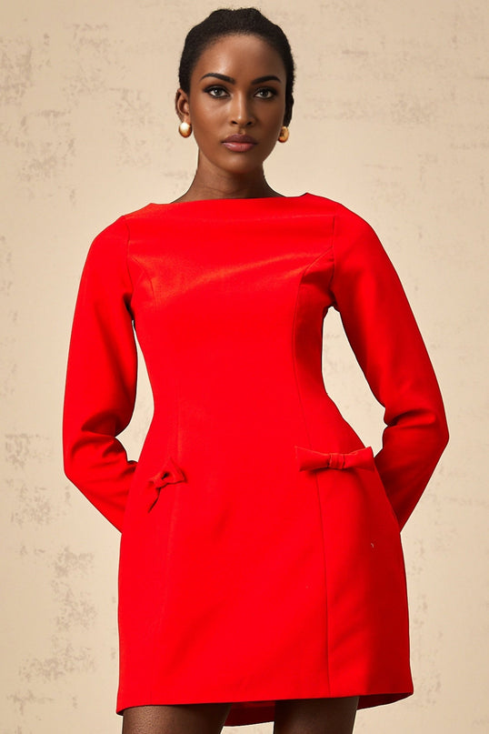 Greta Red Long Sleeve Mini Dress with Bowknot Detailing