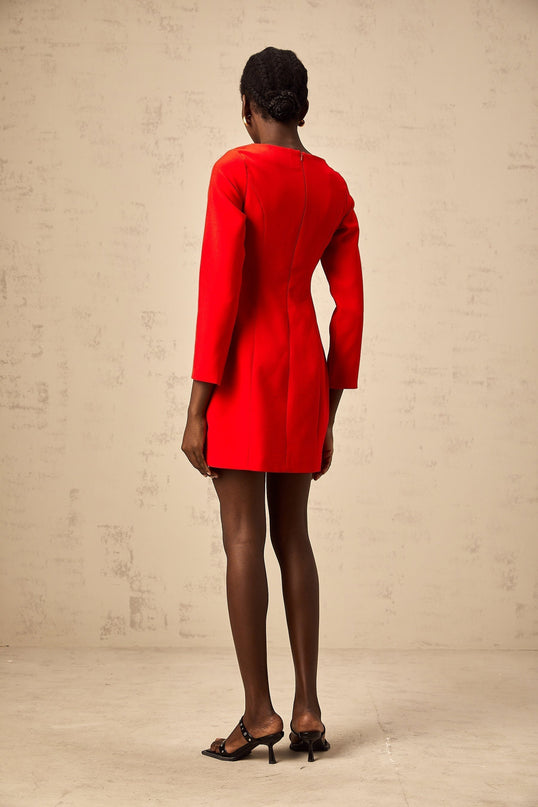 Greta Red Long Sleeve Mini Dress with Bowknot Detailing