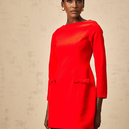 Greta Red Long Sleeve Mini Dress with Bowknot Detailing and Flared Skirt
